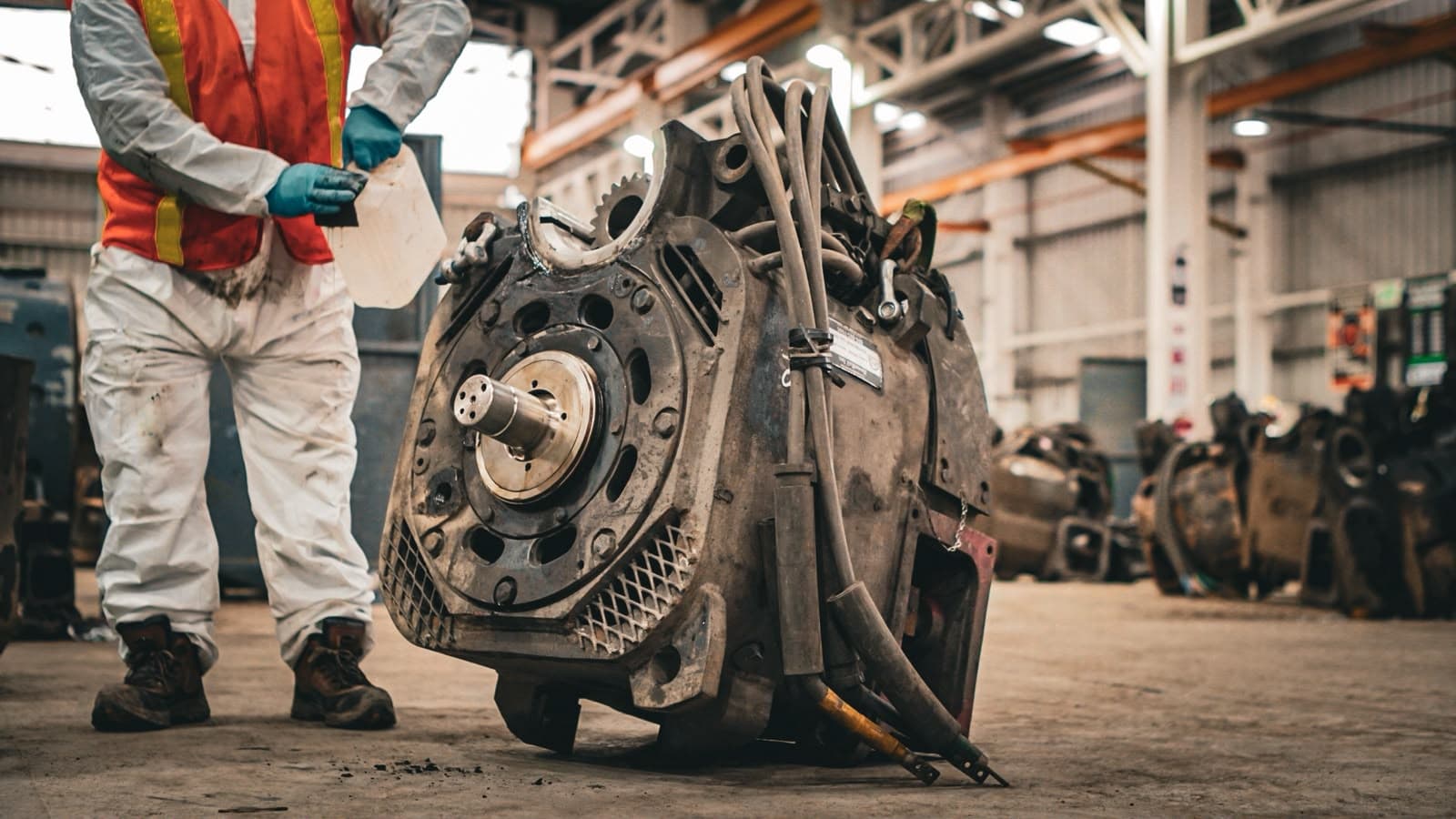 Motor de tracción apoyado en el piso con la cara del escudo al frente y el extremo mecanizado del eje del inducido expuesto; a un costado, un técnico con bidón de solvente y paño