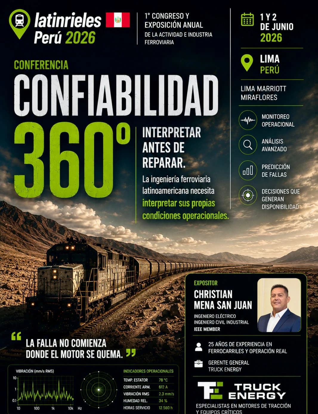 Afiche: Latinrieles Perú 2026, primer congreso y exposición anual de la actividad e industria ferroviaria, 1 y 2 de junio de 2026, Lima Marriott Miraflores. Conferencia Confiabilidad 360°, interpretar antes de reparar. Cuatro ejes: monitoreo operacional, análisis avanzado, predicción de fallas y decisiones que generan disponibilidad. Expositor Christian Mena San Juan, ingeniero eléctrico e ingeniero civil industrial, IEEE member, gerente general de Truck Energy. Al pie, la cita: la falla no comienza donde el motor se quema