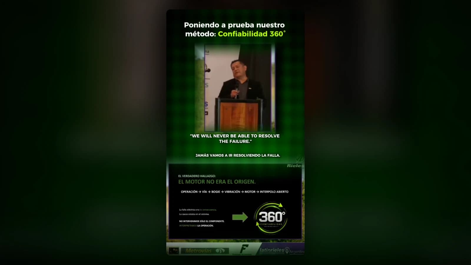 Fotograma de la ponencia en Latinrieles Argentina: Christian Mena San Juan habla en el podio bajo el título «Poniendo a prueba nuestro método: Confiabilidad 360°», con subtítulos en inglés y en español, y debajo la lámina «El verdadero hallazgo: el motor no era el origen»
