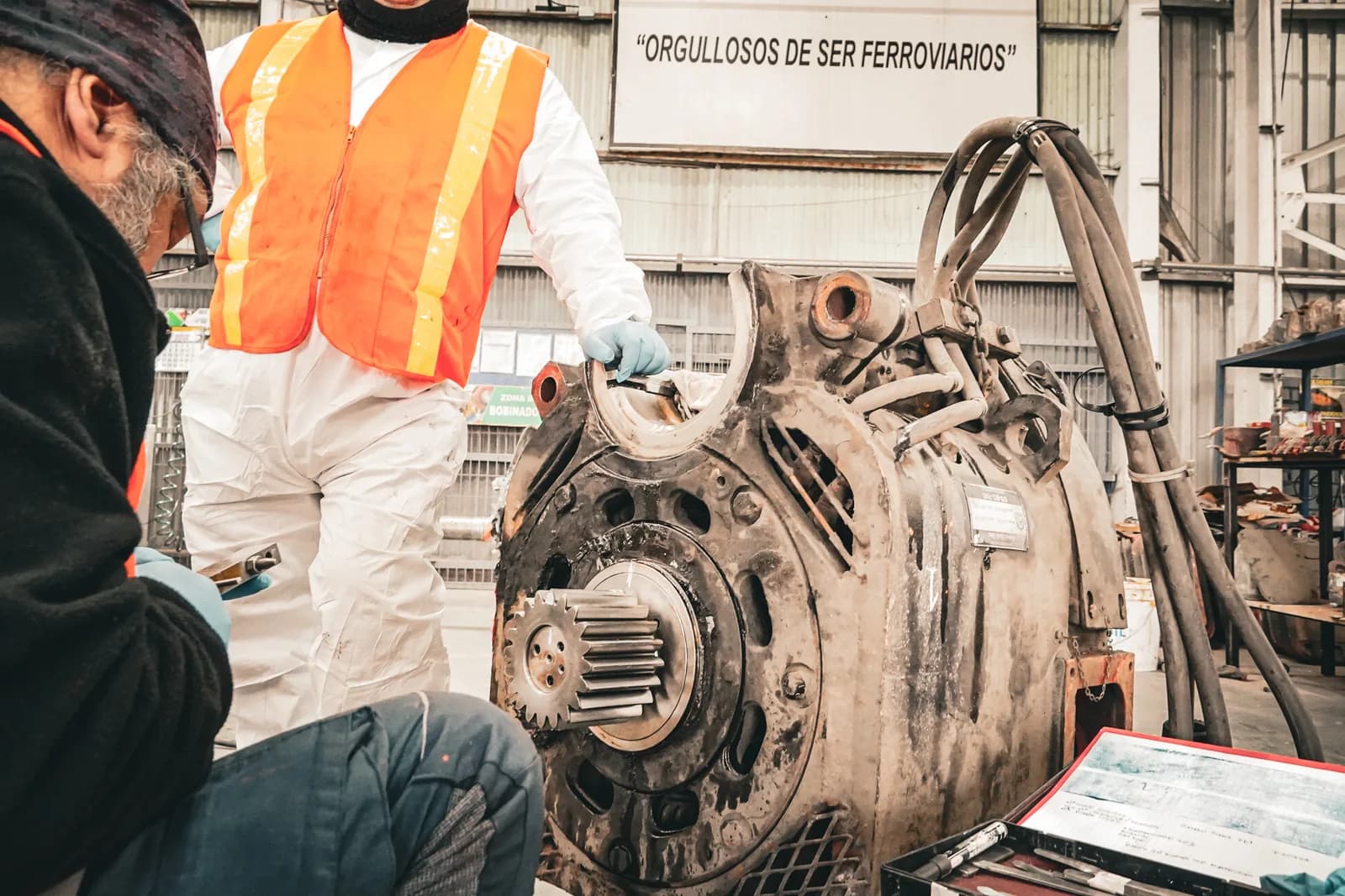 Technicians reviewing the documentation for a traction motor beside the machine, under the sign Proud to be railroaders